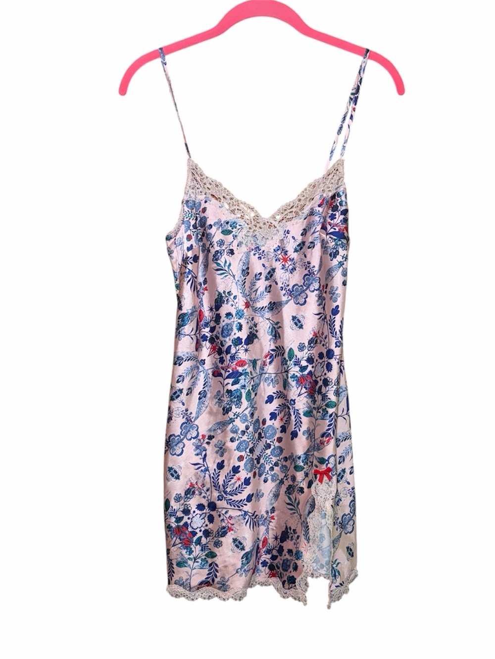 VTG Victoria Secret Pink Floral Satin Lace Trim Slip Chemise XS Y2K